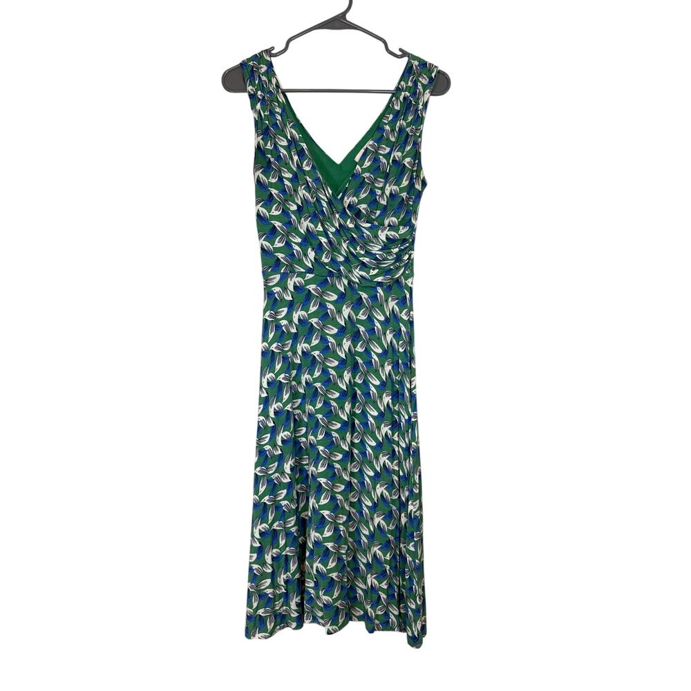 Boden Effie Stretch Knit Jersey Midi Dress Green Blue Womens 6 Leaf Print V Neck